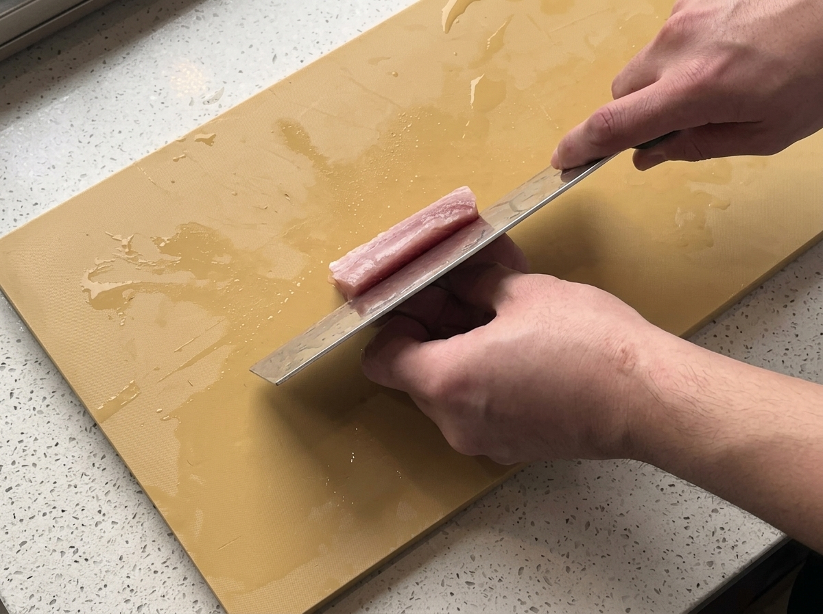 Rohes Schweinefilet wird mit einem Beil auf einem gelben Schneidebrett geschnitten.
