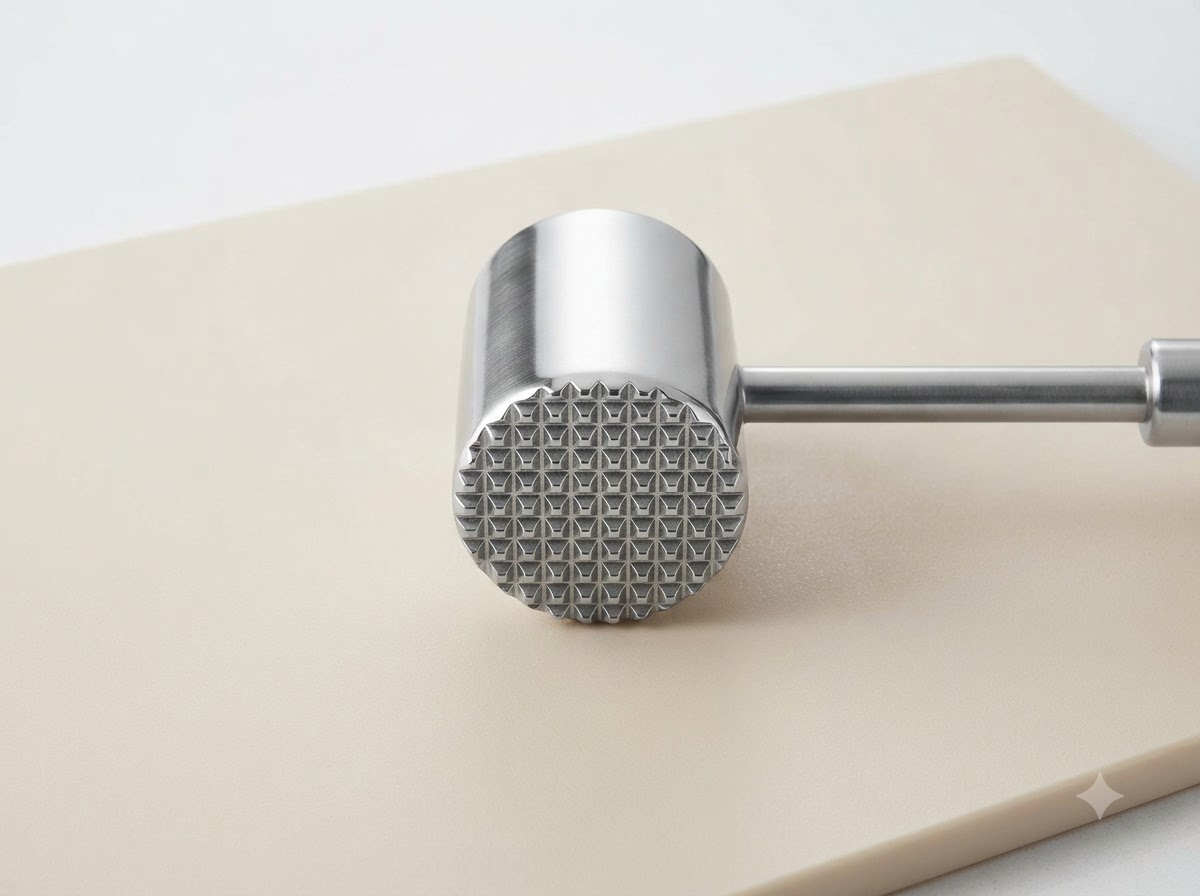 Ein Fleischklopfer aus Metall liegt auf einem hellbeige Schneidebrett.