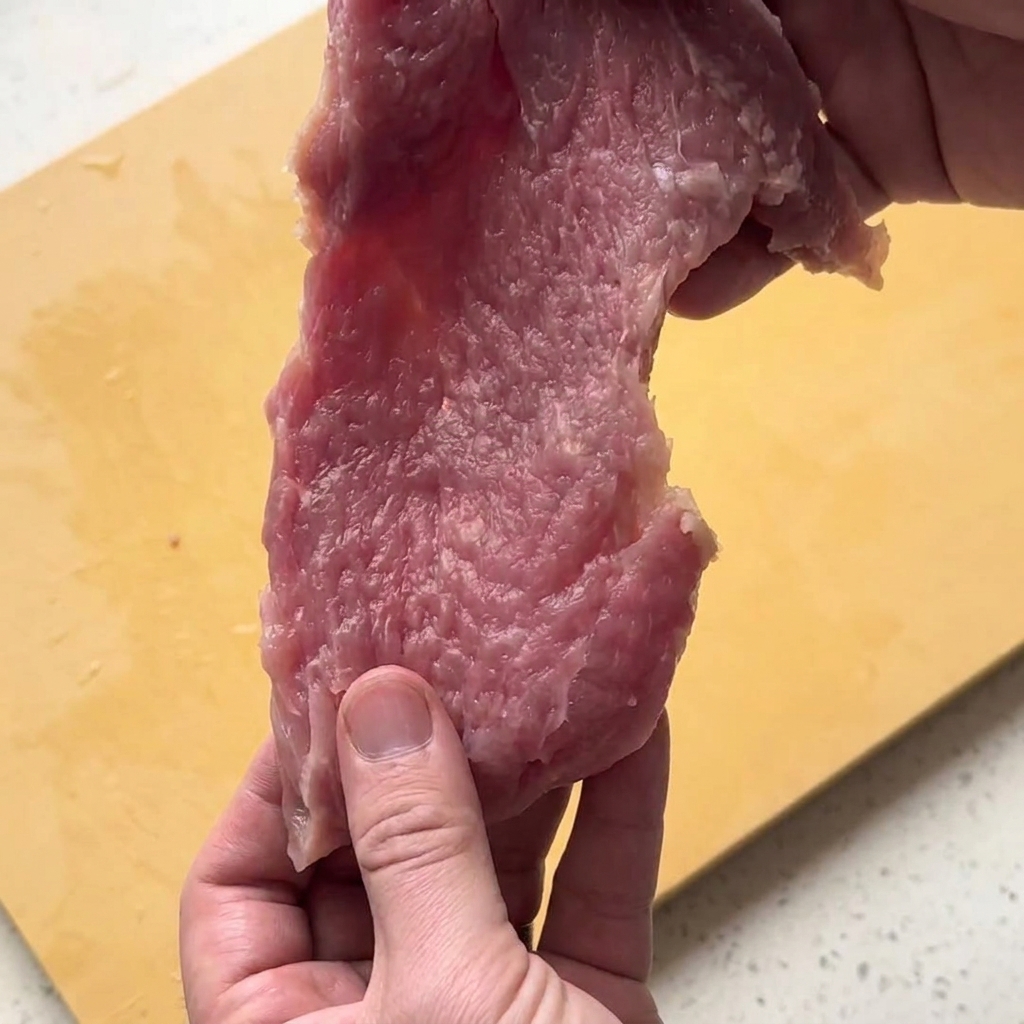 Eine Person hält eine rohe, zart gemachte Schweinescheibe über ein gelbes Schneidebrett.