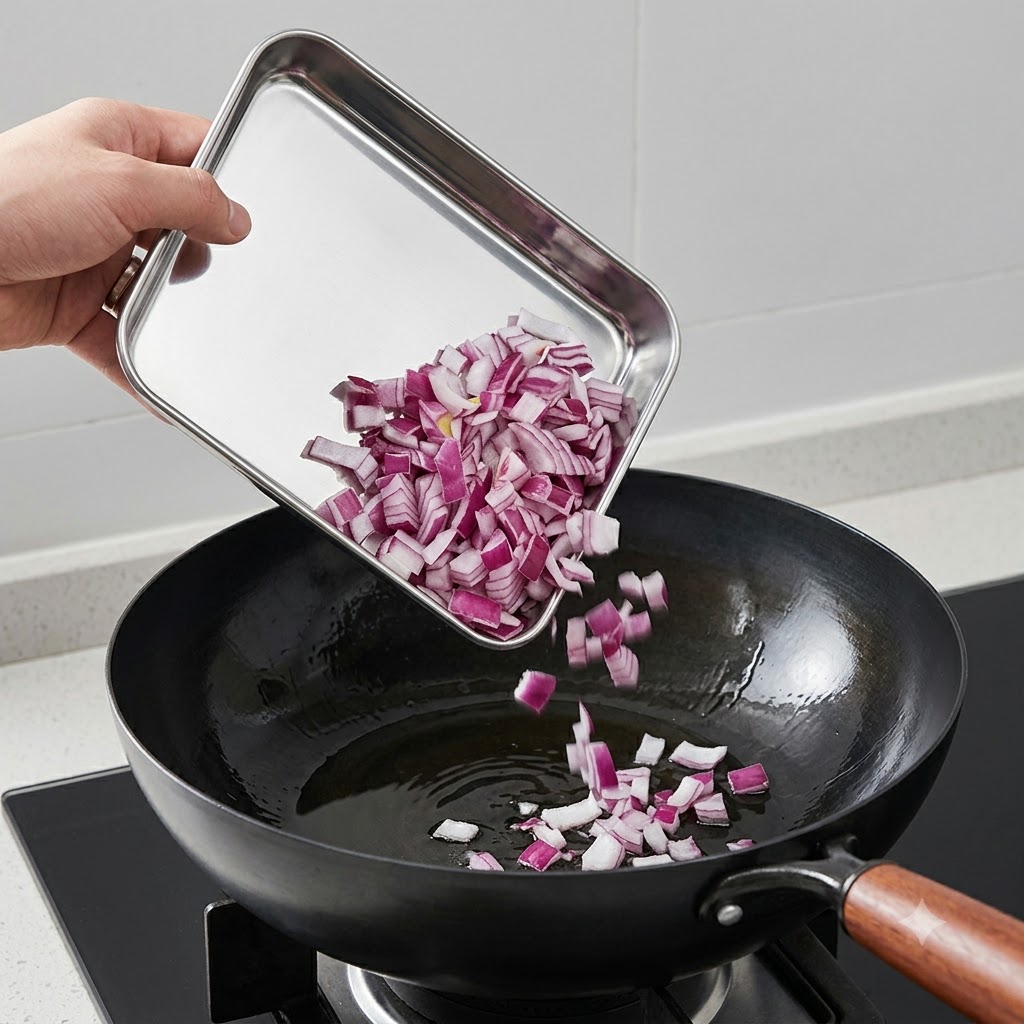Gewürfelte rote Zwiebeln gleiten von einem Tablett in einen heißen Wok mit Öl.