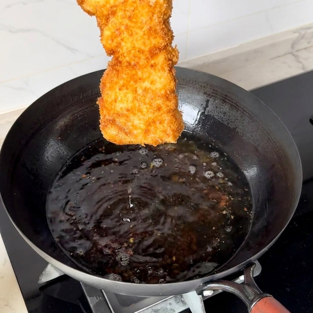 Ein paniertes und frittiertes Schweineschnitzel wird über einen Wok mit heißem Öl gehalten.