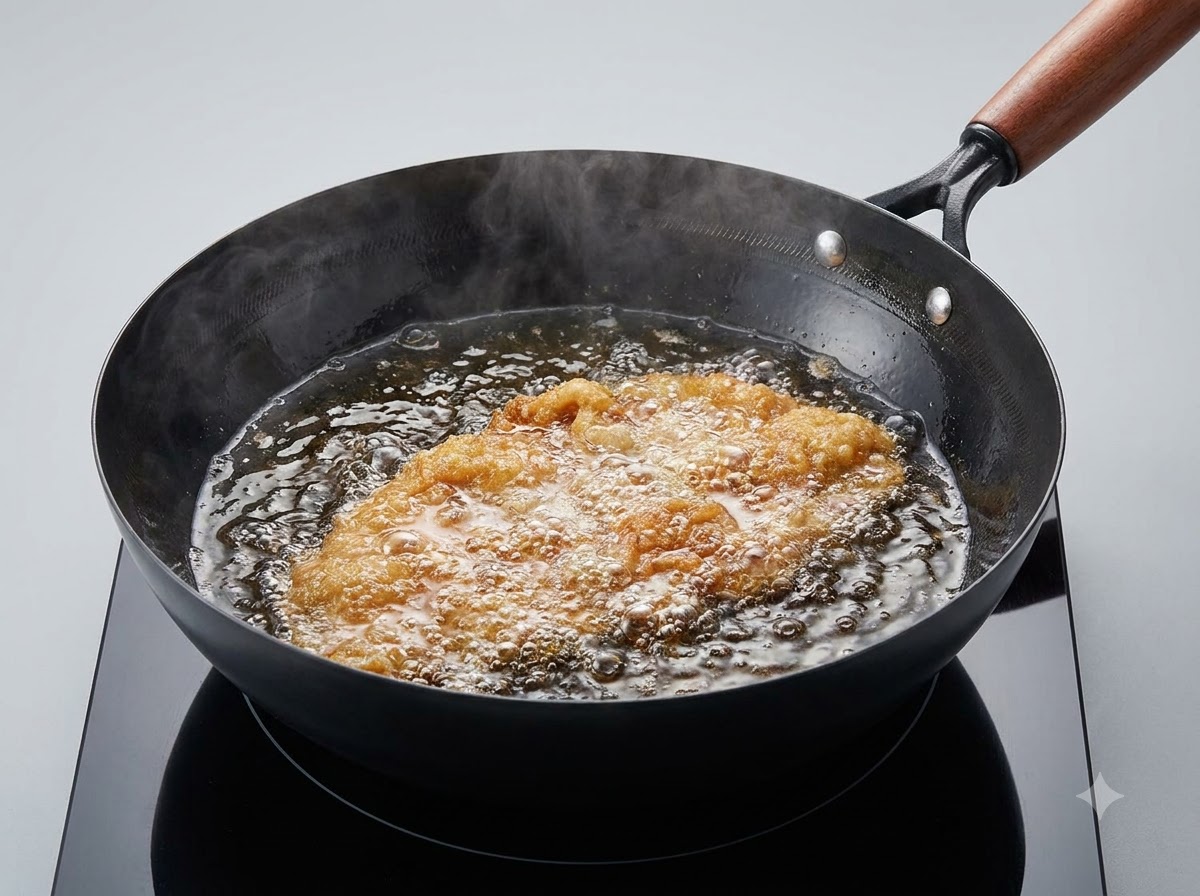 Ein paniertes Schweineschnitzel brüht in heißem, blubberndem Öl in einem schwarzen Wok.
