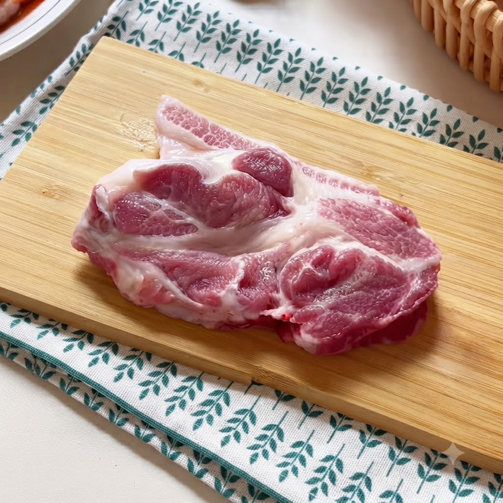 Rohes Schweinekotlett auf einem Holzschneidebrett, das mit einem Fleischhammer bearbeitet wird.