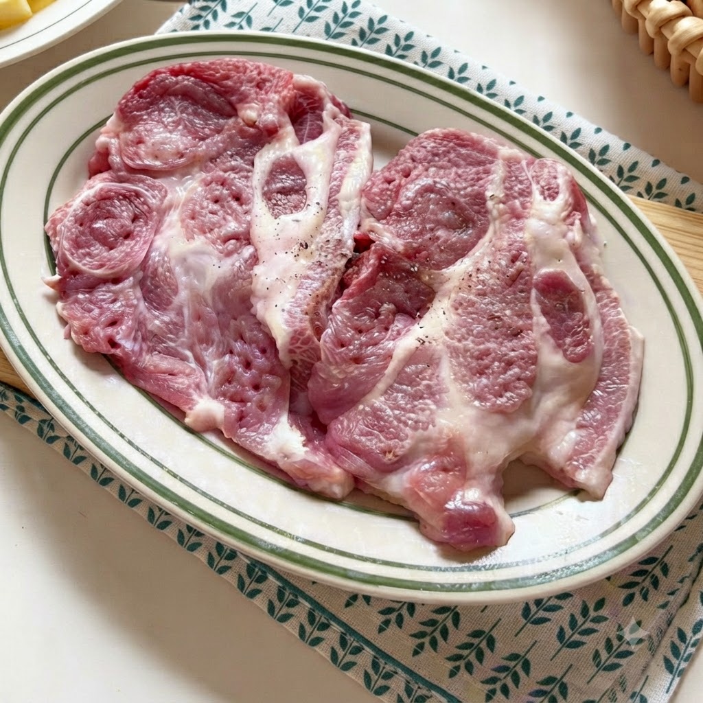 Zwei rohe Schweinekotletts, gewürzt mit schwarzem Pfeffer und Salz, auf einem weißen Ovalteller mit grünem Rand.
