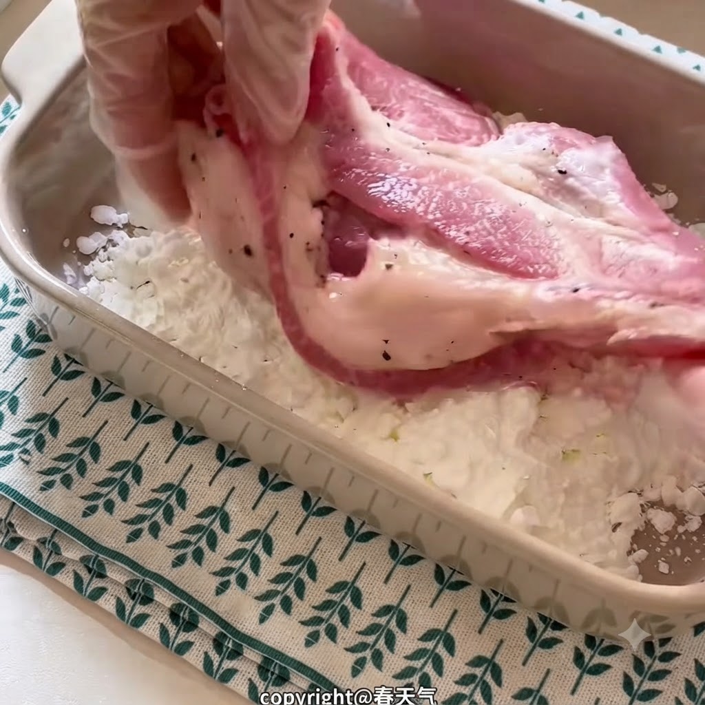 Eine handgeschützte Hand hält ein mariniertes Schweinekotlett und wendet es in Stärke in einer rechteckigen Keramikschale.