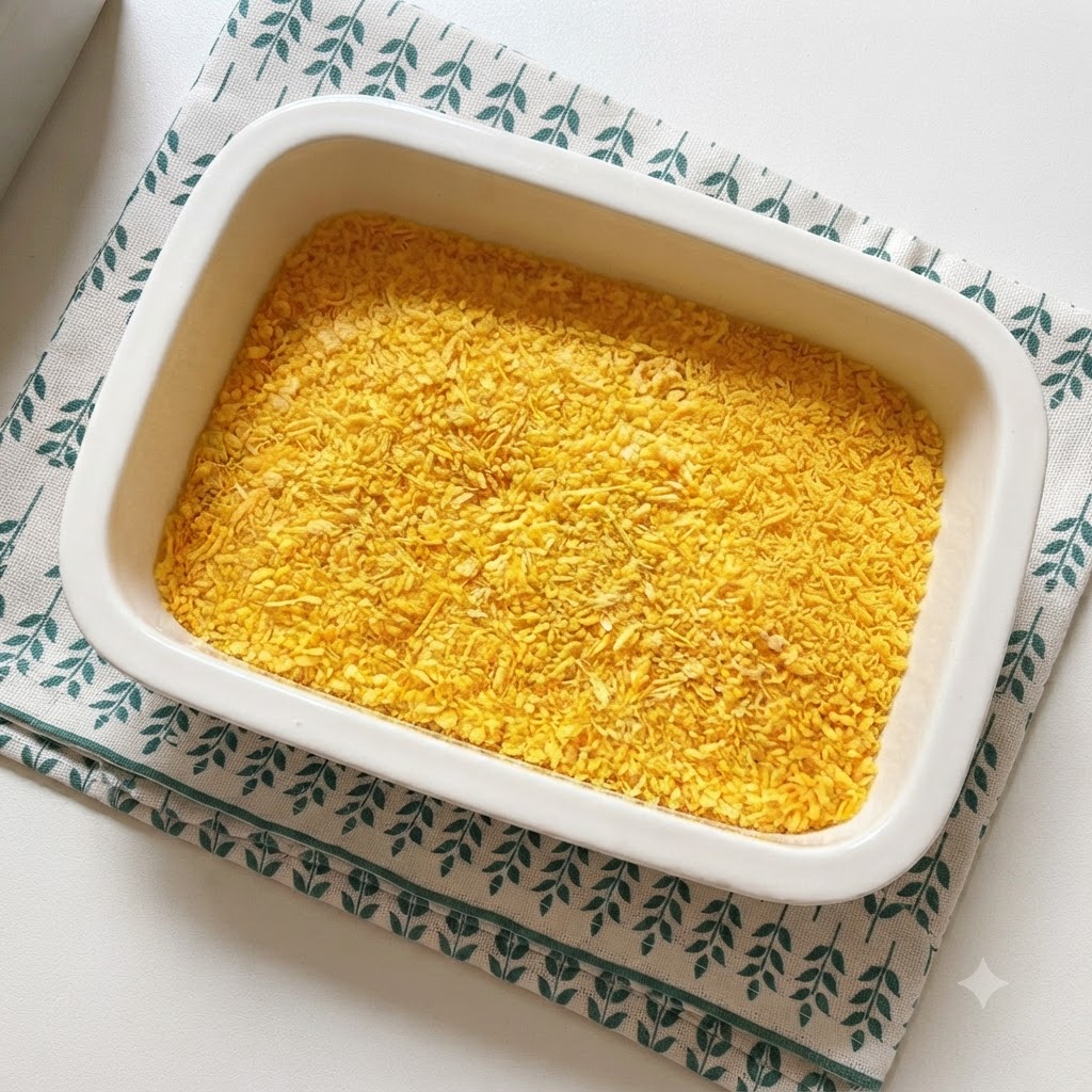Eine weiße, rechteckige Auflaufform gefüllt mit gelbem, knusprigem Paniermehl auf einem gemusterten Tuch.