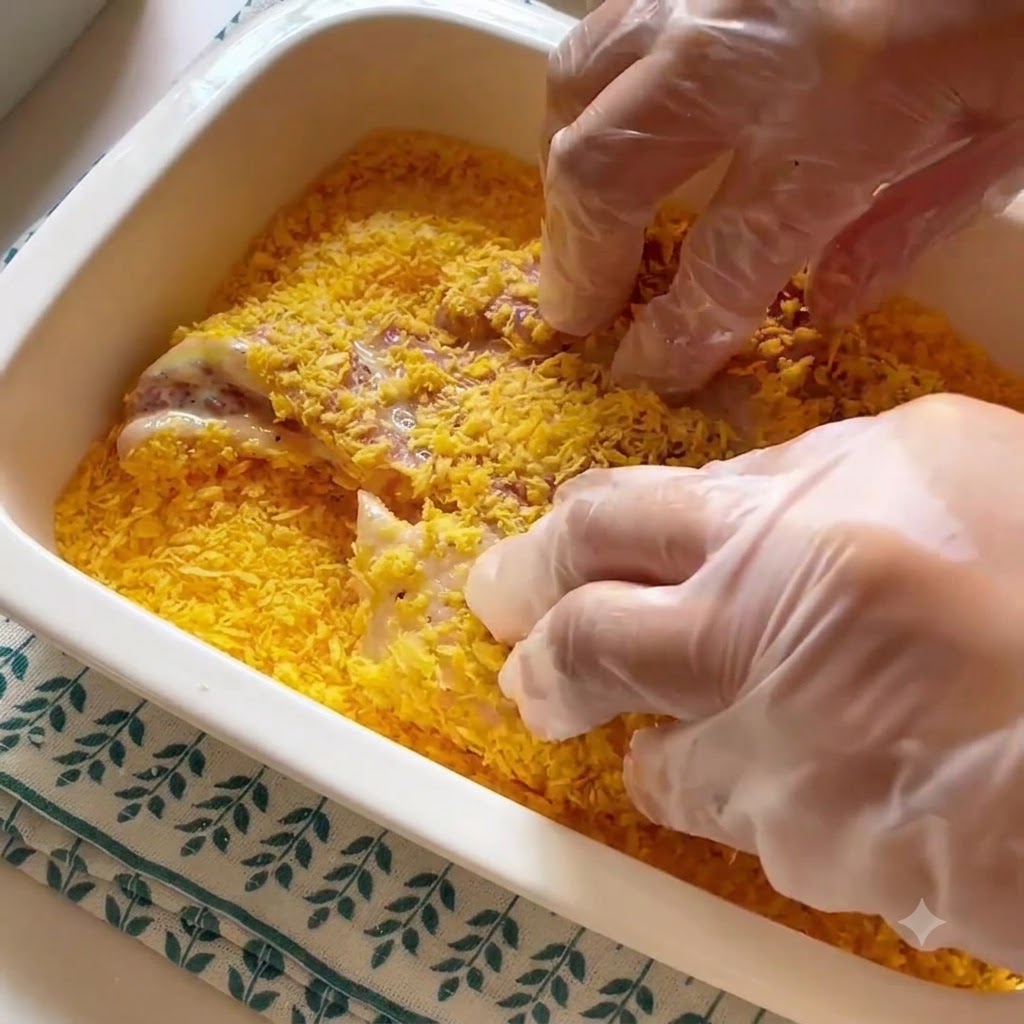 Behandschuhte Hände drücken panierte Schweinekotletts in ein Bett aus gelbem Paniermehl in einem rechteckigen Behälter.