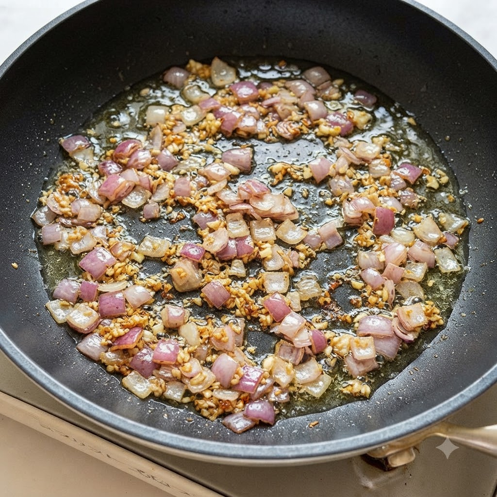 Gehackter Knoblauch und lila Schalottenstücke braten in heißem Öl in einer schwarzen Pfanne.