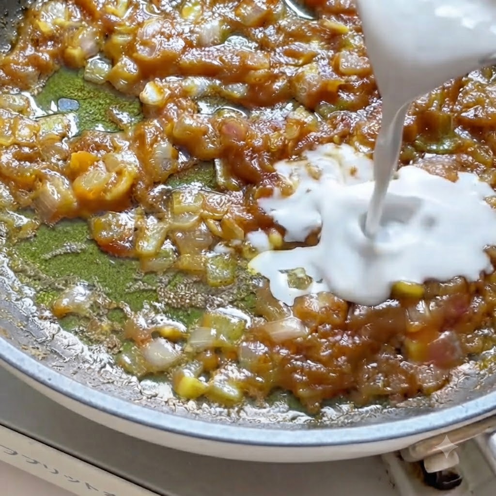 Kokosmilch wird aus einem Krug in eine Bratpfanne mit sich auflösender Currypaste und Aromen gegossen.