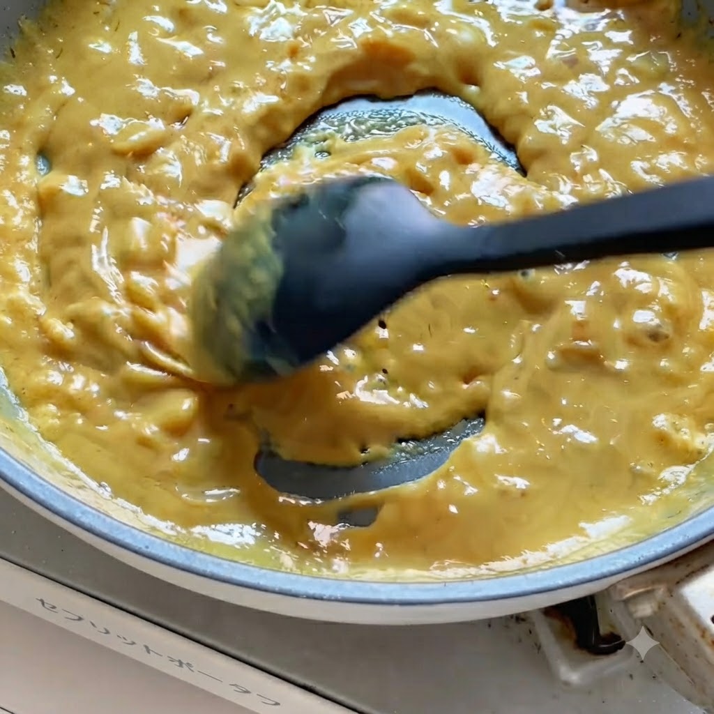 Ein schwarzer Pfannenwender rührt dicke, cremige gelbe Currysauce um, die in einer Bratpfanne köchelt.