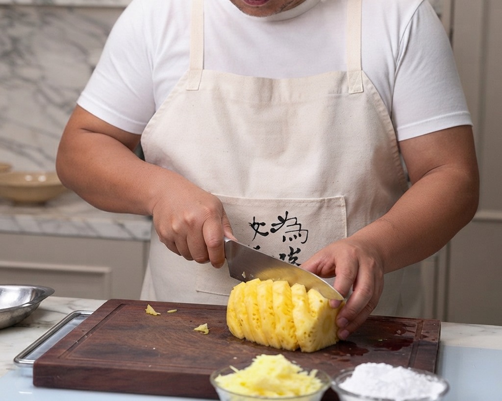 Eine Person schneidet eine geschälte frische Ananas in grobe Stücke auf einem Holzschneidebrett.