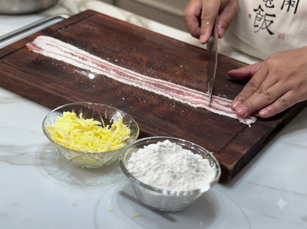 Zwei lange Scheiben roher Schweinebauch liegen flach auf einem Holzschneidebrett und werden mit der Rückseite eines Beils geklopft.