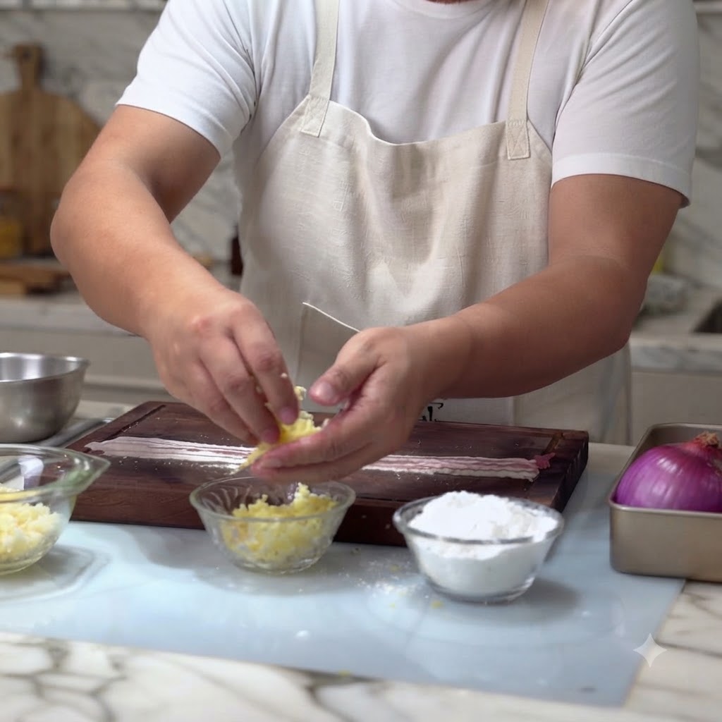 Eine kleine gepresste Kugel aus geriebenem Mozzarella-Käse wird auf das Ende von rohen Schweinebauchscheiben auf einem Schneidebrett gelegt.