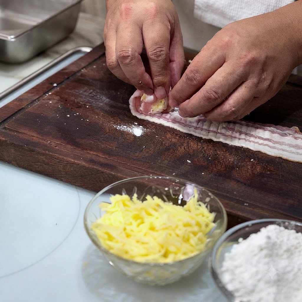 Rohe Schweinebauchscheiben werden sorgfältig um einen Käsekern gerollt, um ein dicht verschlossenes Fleischbällchen auf einem Schneidebrett zu formen.
