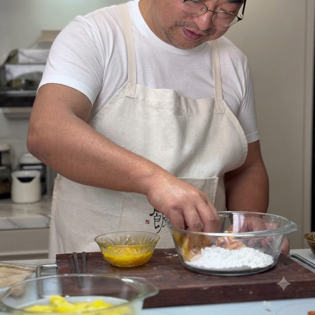 Ein gerolltes Fleischbällchen wird in einer Glasschüssel stark mit weißer Kartoffelstärke ummantelt.