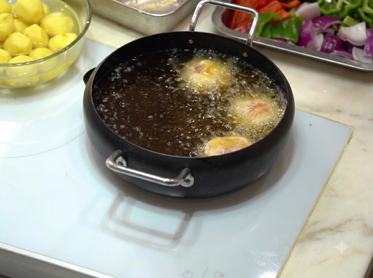 Mit Stärke beschichtete Fleischbällchen frittieren in einem schwarzen Topf gefüllt mit heißem, sprudelndem Speiseöl.