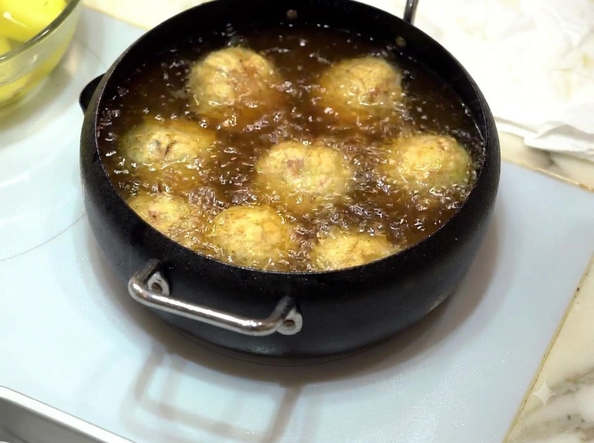 Fleischbällchen frittieren in blubbernd heißem Öl, bis sie goldbraun sind.