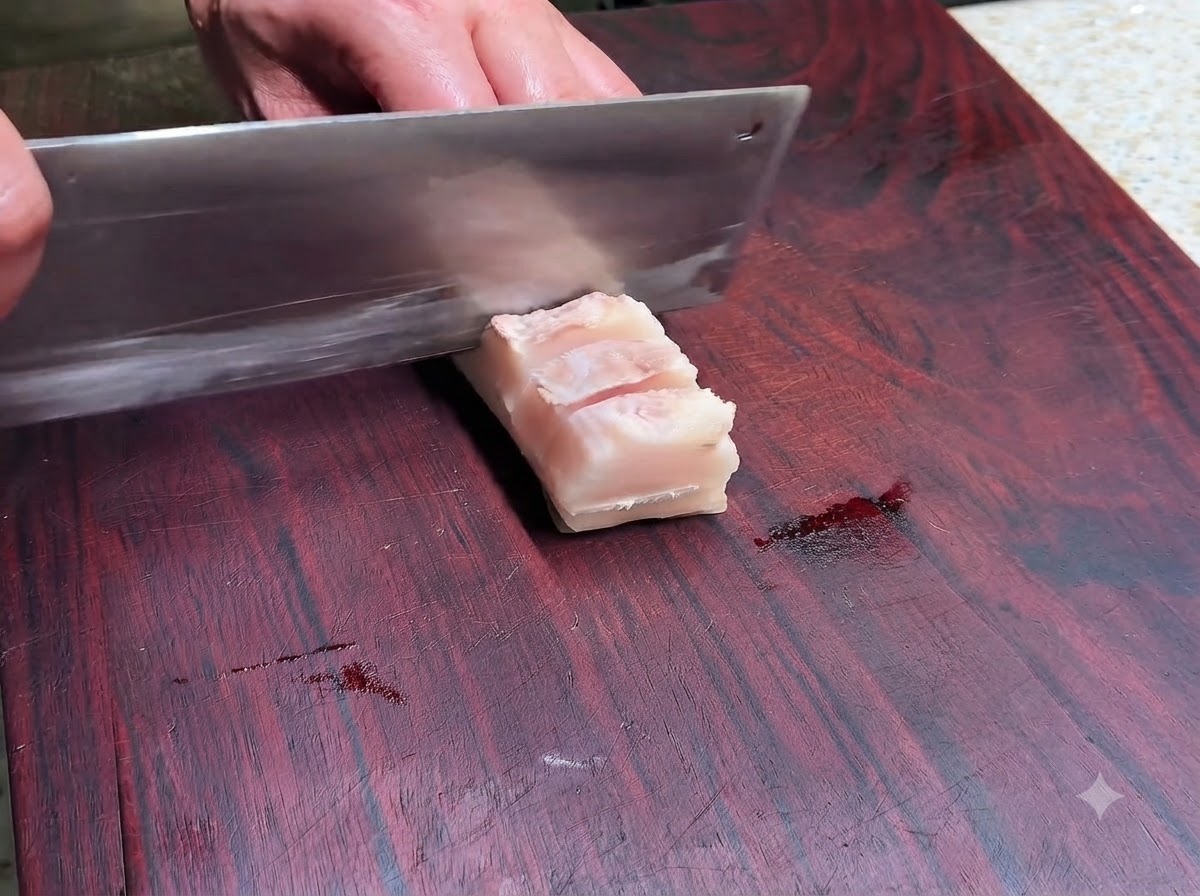 Ein scharfes Hackmesser schneidet flache Gitterlinien in die Fleischseite eines vorgekochten Schweinebauchs.