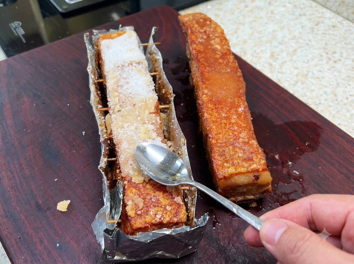 Die hart gebackene Salzschicht wird mit einem Löffel von der knusprigen Schweineschwarte abgekratzt und abgeklopft.