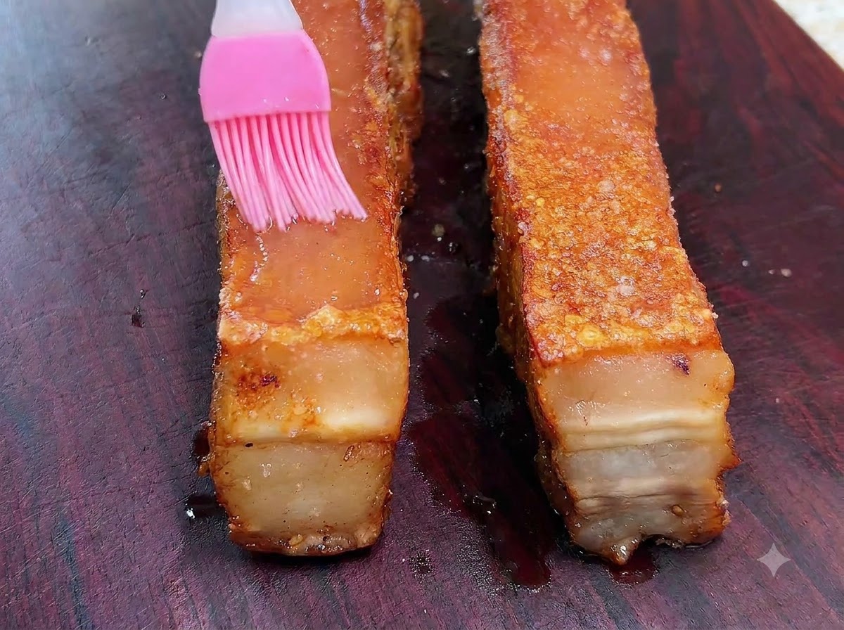 Ein rosa Silikonpinsel verteilt weißen Essig über die Oberfläche eines gebratenen Schweinebauchstücks.