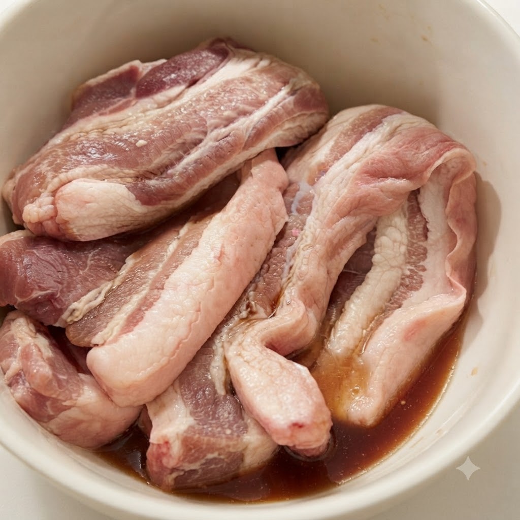 Schweinebauchstreifen in einer Schüssel mit Kochwein und Marinade eingetaucht.