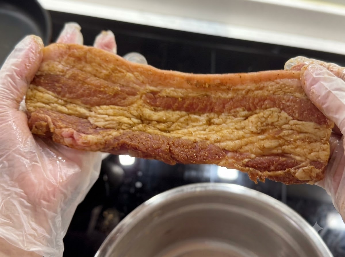 Mit Handschuhen bekleidete Hände halten einen gewürzten Schweinebauchstreifen voller Gewürzmarinade.