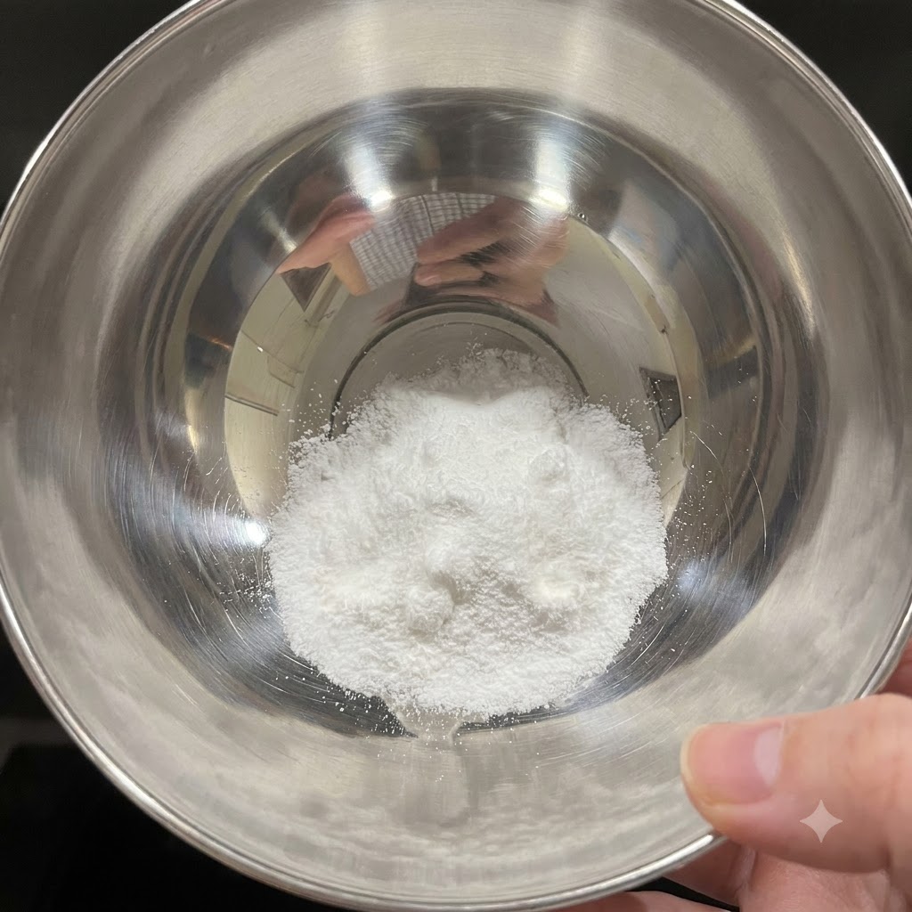 Eine kleine Metallschüssel gefüllt mit weißem Salz und Natronpulver vor der Zugabe von warmem Wasser.