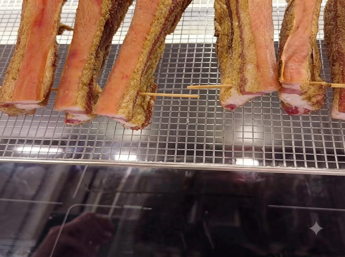 Gewürzte Schweinebauchstreifen, gesichert mit Holz Zahnstochern, sitzen ordentlich auf einem Drahtbackgitter.