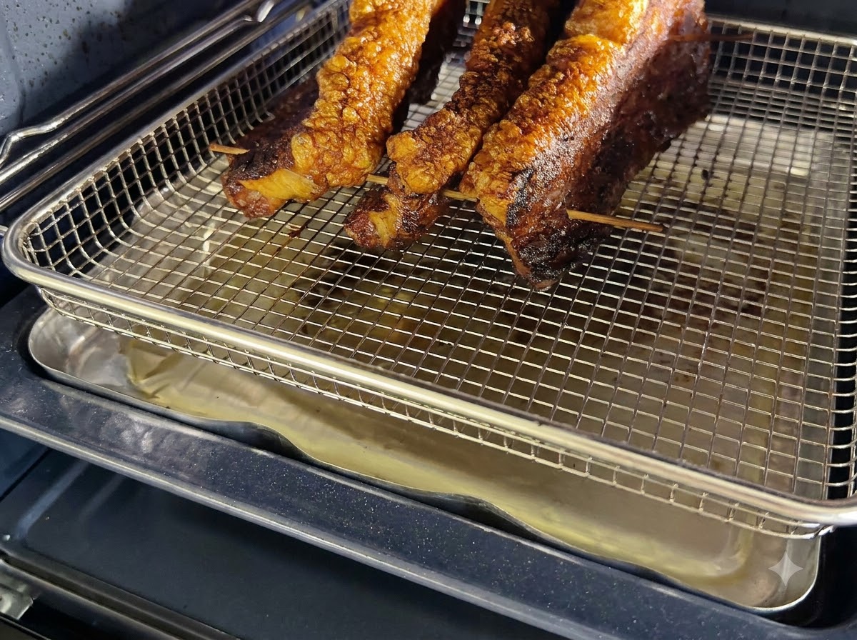 Ein mit Schweinebauch bestücktes Ofengitter im Ofen über einer Fettpfanne, die abtropfende Fette auffängt.
