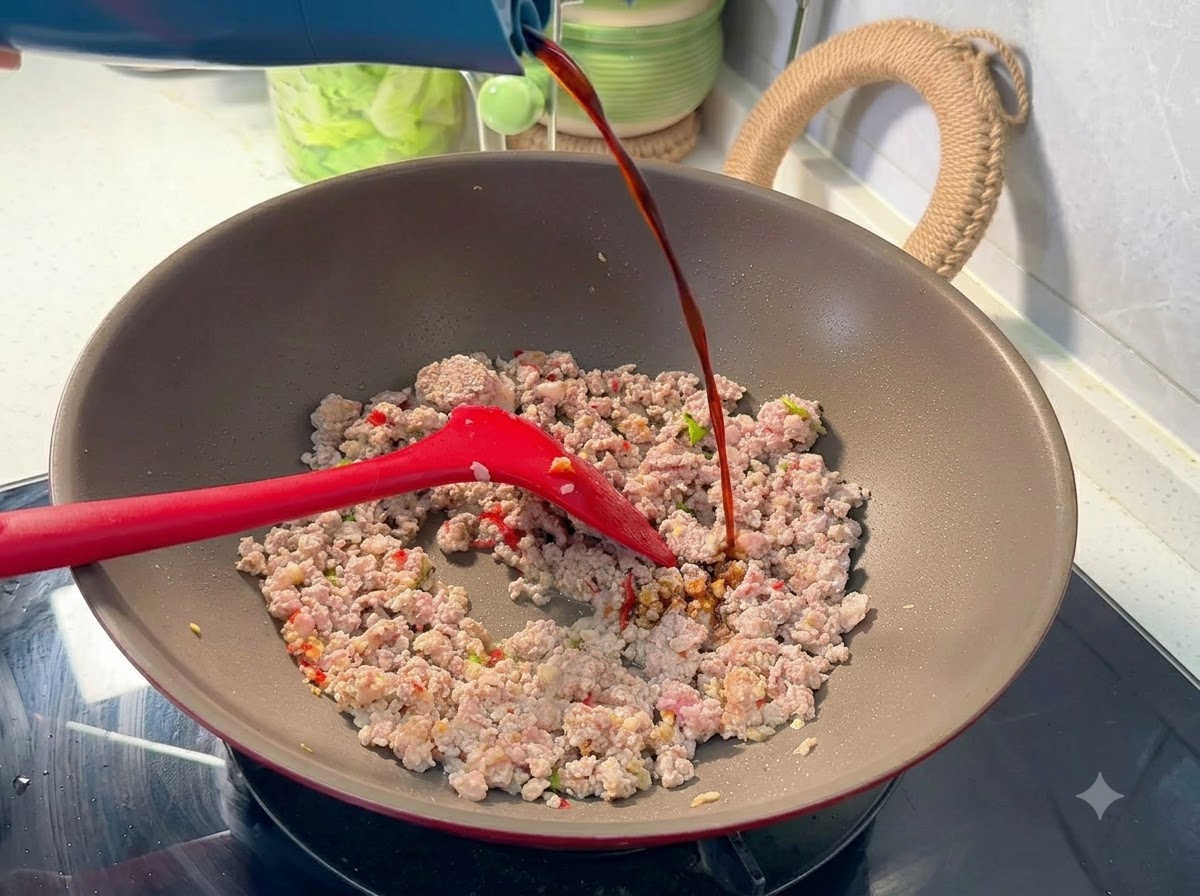 Dunkle Sojasauce wird aus einer Flasche in einen Wok mit gewürztem Hackfleisch gegossen.