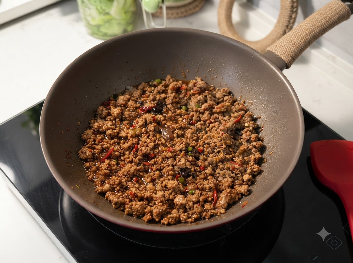 Hackfleisch köchelt in einer herzhaften braunen Sauce in einem roten Wok.