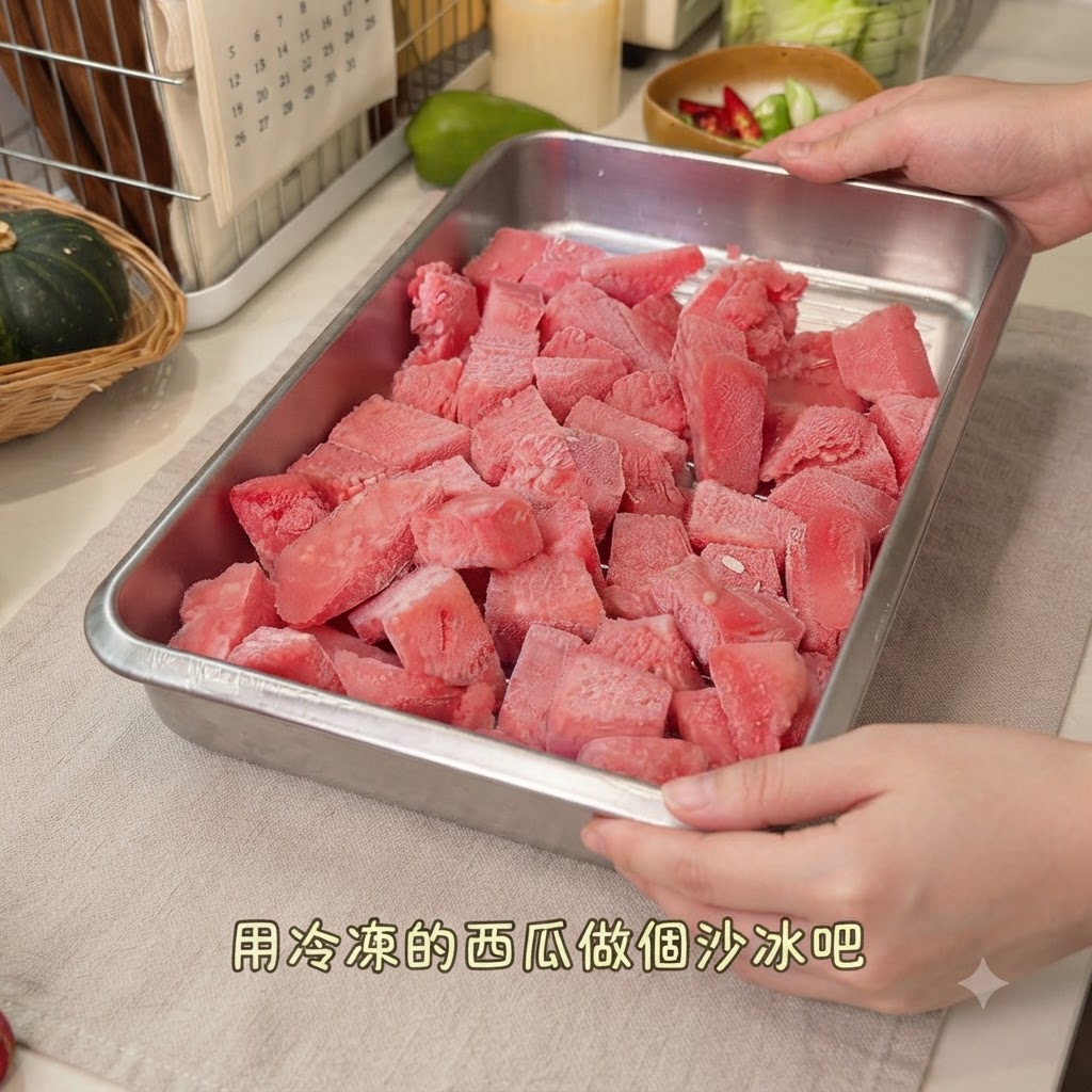 Ein Metalltablett voller leuchtend roter gefrorener Wassermelonenwürfel wird von zwei Händen gehalten.