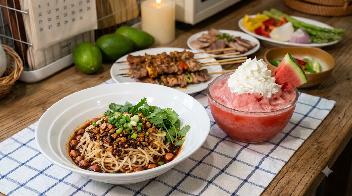 Eine Schüssel scharfe Hackfleisch-Reisnudeln neben einem rosa Wassermelonen-Slushie mit Schlagsahne, begleitet von gegrilltem Schweinebauch und frischem Gemüse.