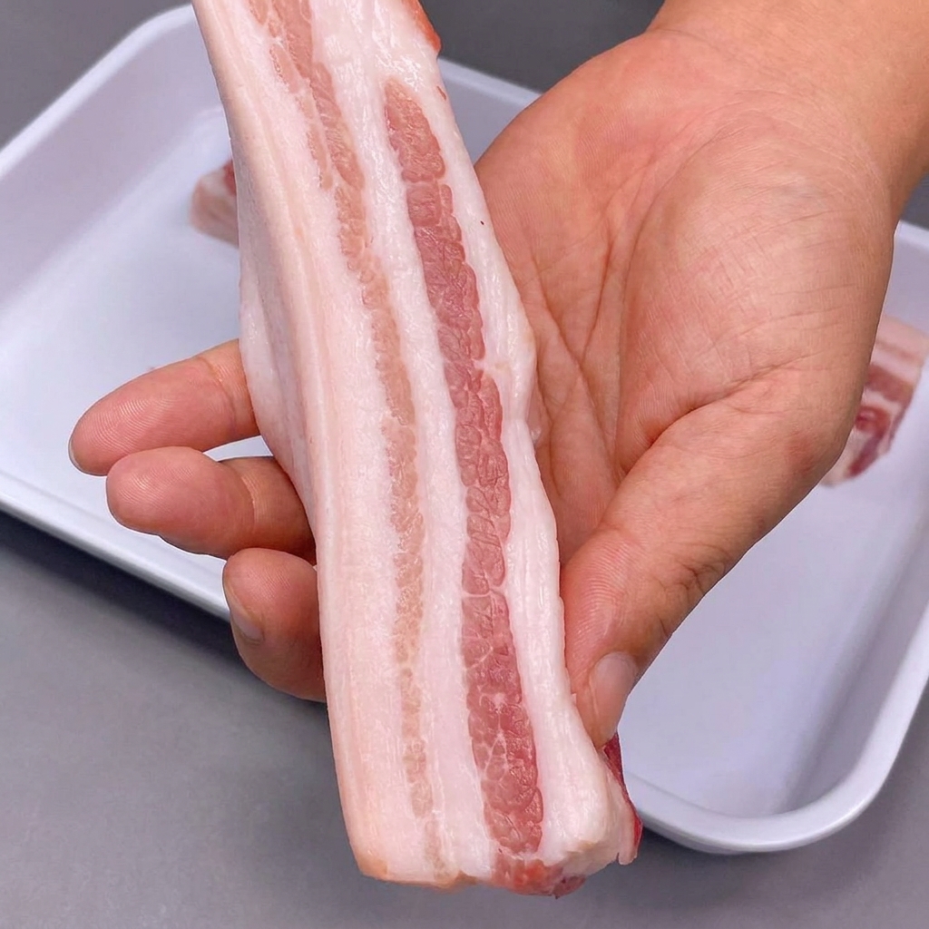 Schweinebauchstreifen mit Schwarte in einem weißen Behälter mit Weißweinessig.