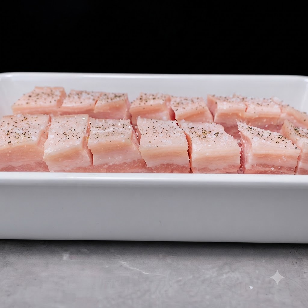 Eingeschnittene Schweinebauchstreifen auf einem weißen Tablett, stark gewürzt mit Meersalz und schwarzem Pfeffer.