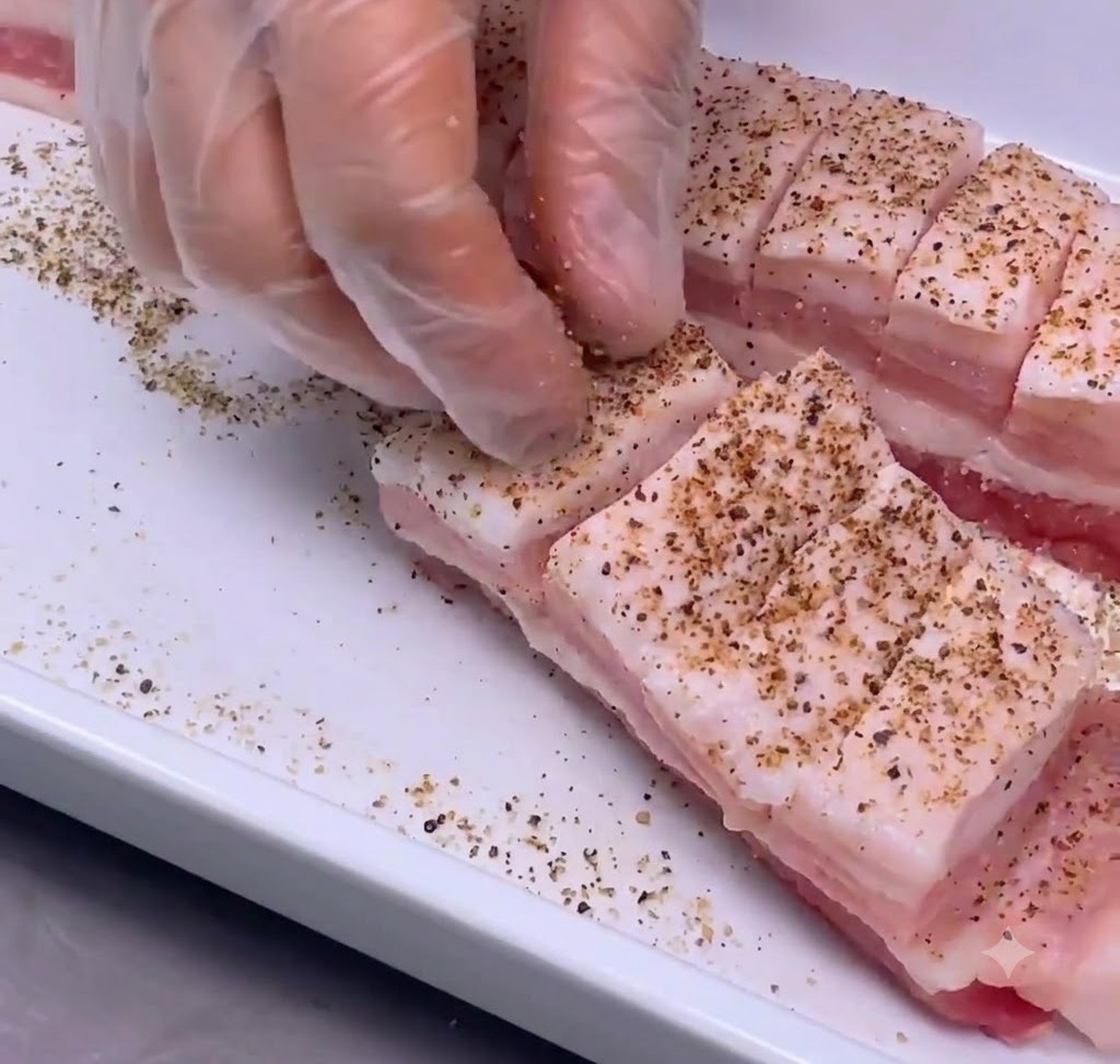 Mit Handschuhen bekleidete Hände massieren Salz und Pfeffer tief in die Einschnitte des Schweinebauchs.