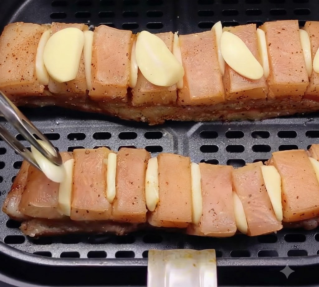 Eine Zange platziert frische Knoblauchscheiben direkt auf die Schweinebauchstreifen im Heißluftfritteusenkorb.