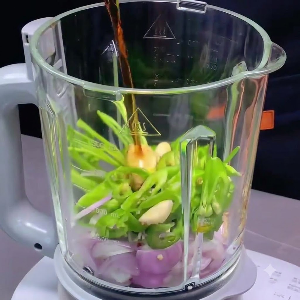 Flüssige Gewürze werden in den Mixbehälter mit gehackten Chilis, Schalotten und Knoblauch gegossen.