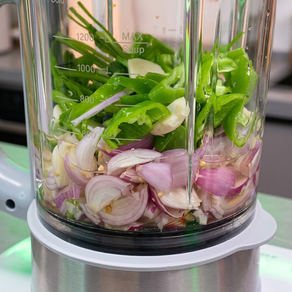 Die Zutaten für die thailändische Dip-Sauce im Mixbehälter vor dem Mixvorgang.