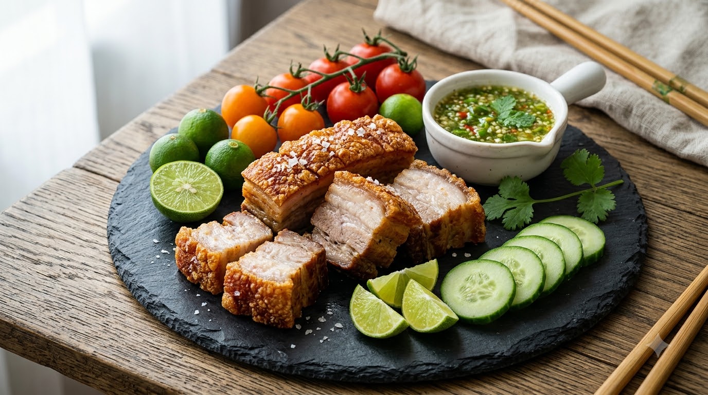 Thailändischer Crispy Pork Belly mit grüner Chilisauce