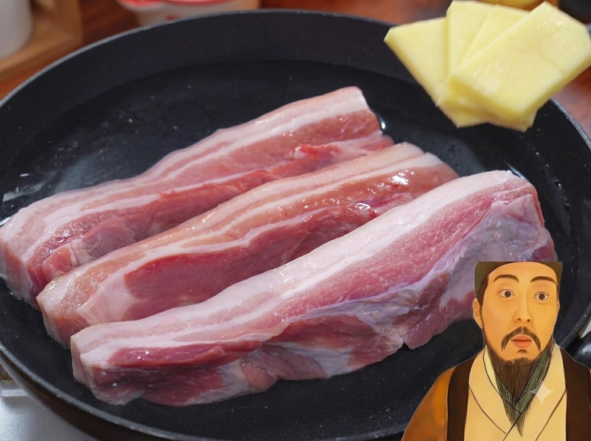 Schweinebauchstreifen kochen in einem Topf mit Wasser und Ingwer.