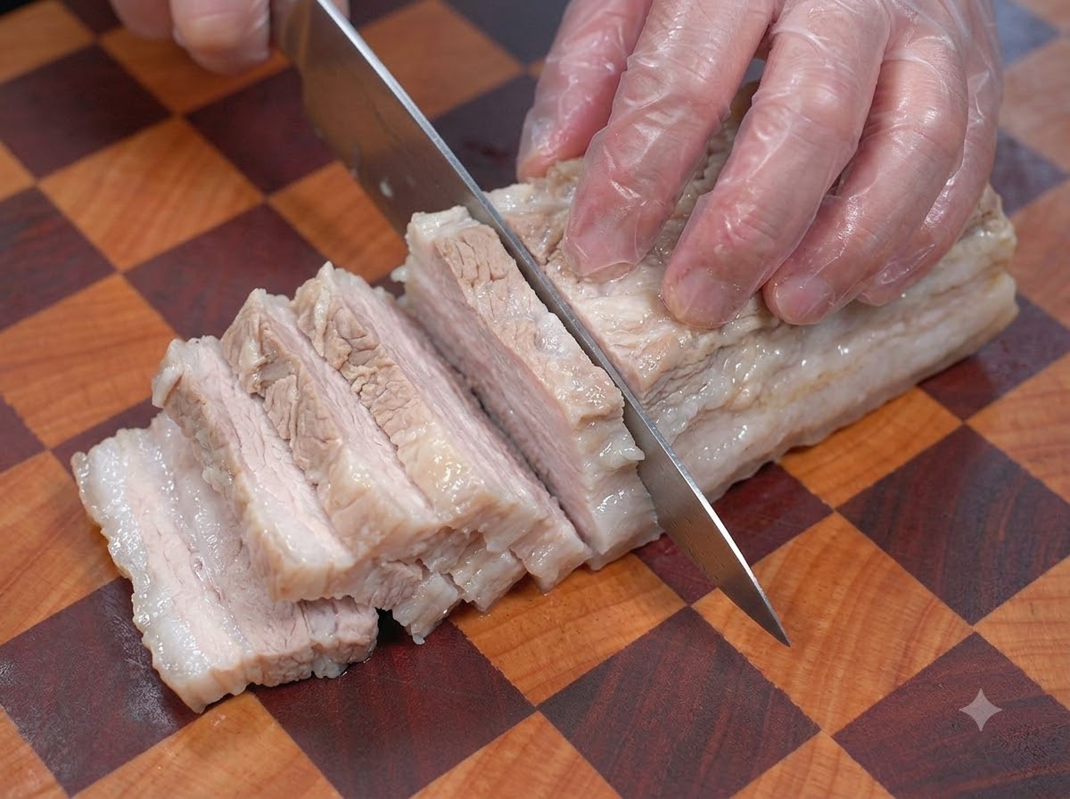 Ein Messer schneidet parallele Linien in die Haut des Schweinebauchs.
