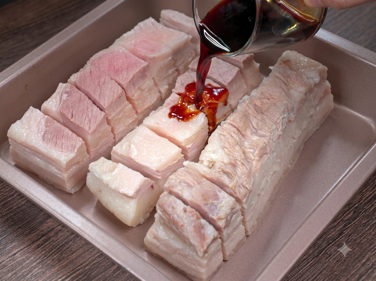 Dunkle Sauce wird über den Schweinebauch in einer Form gegossen.