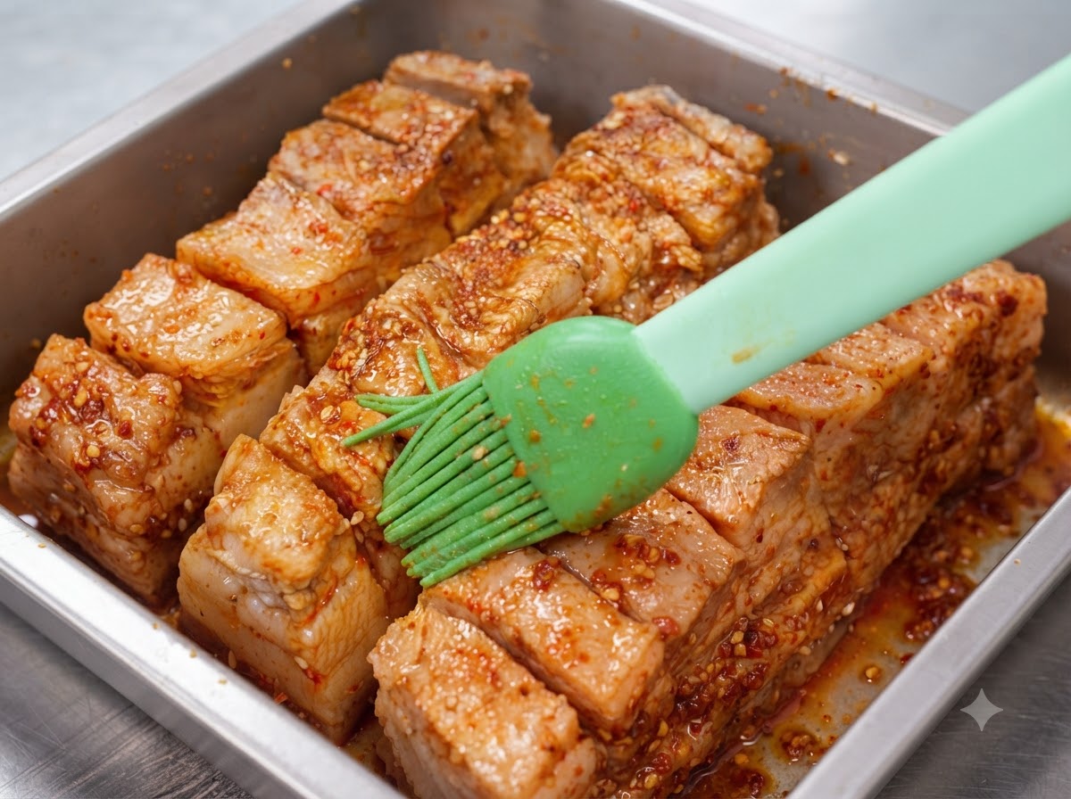 Ein Pinsel verteilt Sauce auf den Schweinebauchstreifen.