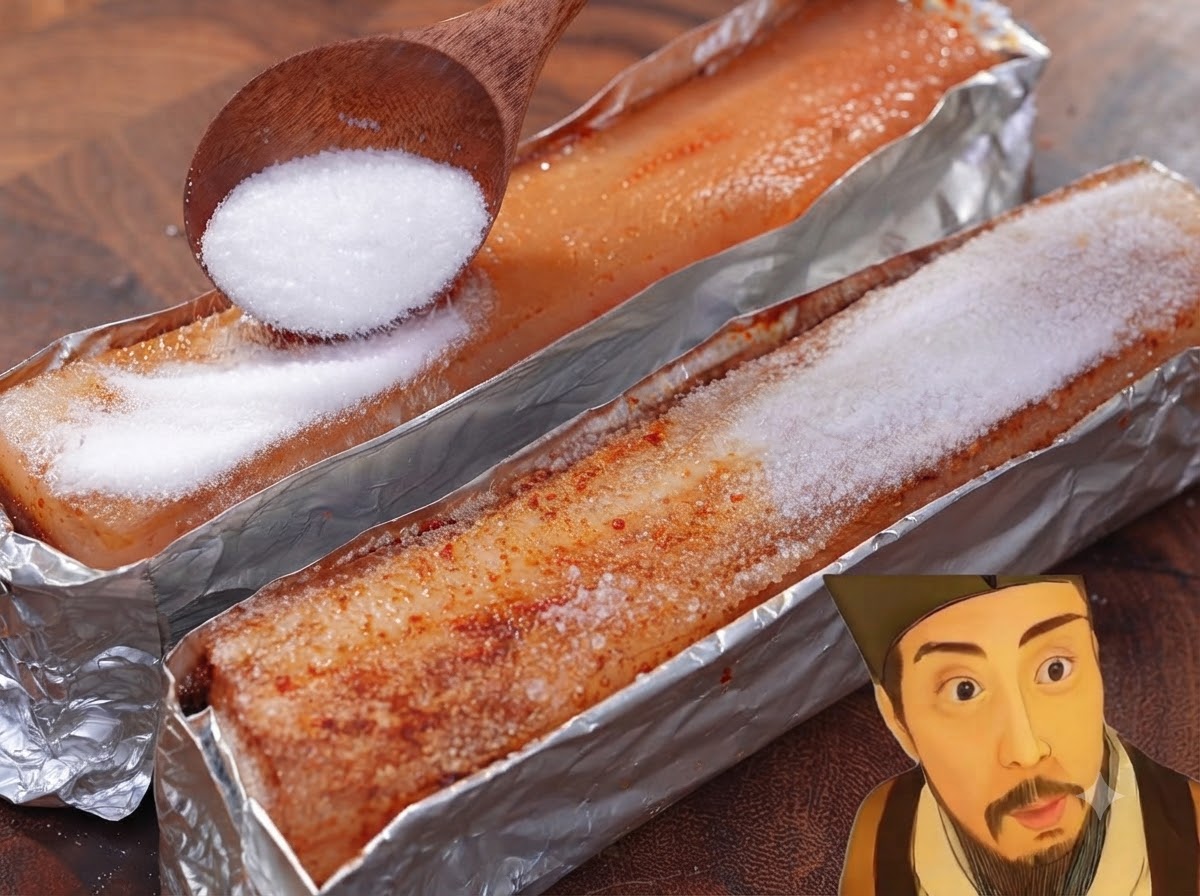 Grobes Salz wird mit einem Löffel auf dem eingewickelten Schweinebauch verteilt.