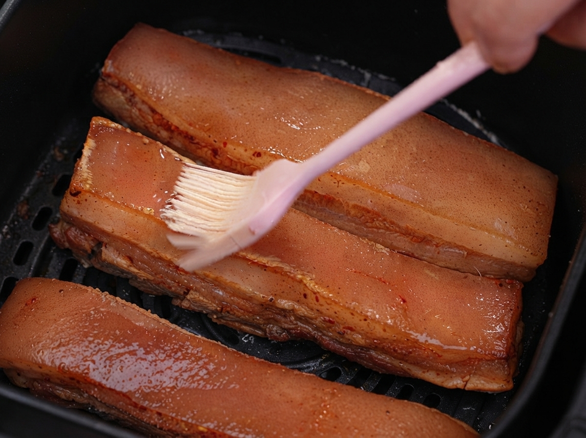 Essig wird nach dem Entfernen der Alufolie auf die Schweinehaut aufgetragen.