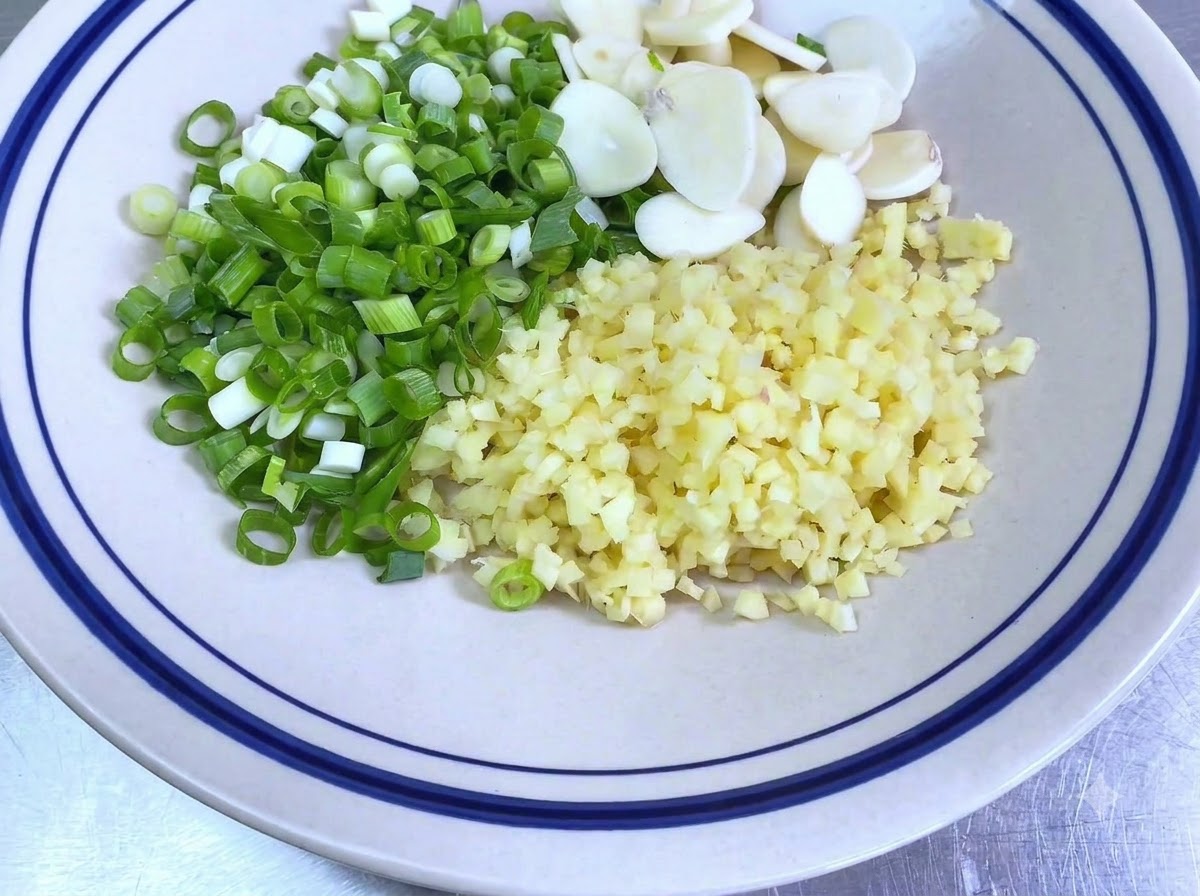 Eine weiße Schüssel mit fein gehackten grünen Frühlingszwiebeln, in Scheiben geschnittenem Knoblauch und gehacktem Ingwer.