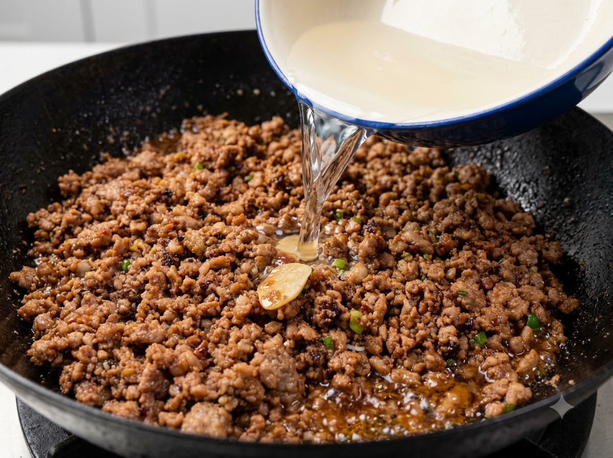 Klares Wasser wird aus einer weißen Schüssel in einen Wok mit gekochtem, gewürztem Hackfleisch gegossen.