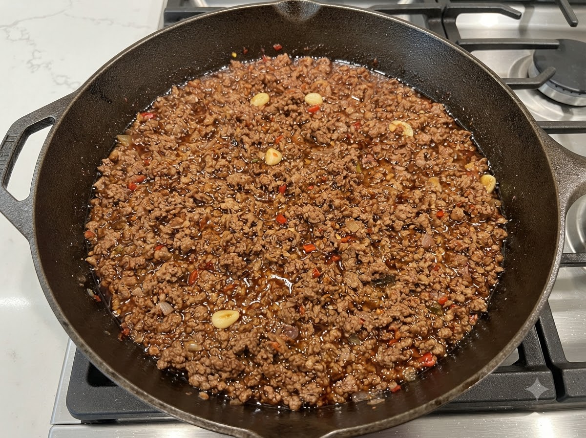 Umrühren der reichhaltigen braunen Fleischsauce mit einer Metallkelle in einer Gusseisenpfanne.