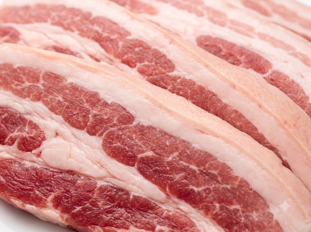 Frische rohe Schweinebauchstreifen auf einem Metalltablett werden mehrmals mit einer Metallgabel eingestochen.